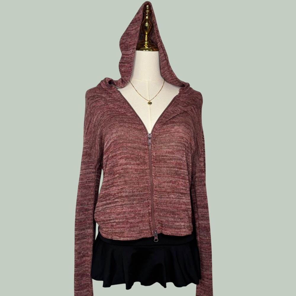 tilt burgundy red knit hooded zip up cropped y2k grunge skater indie boho earthy